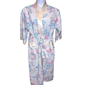 VTG APPEL Women Pastel Multicolor Floral Kimono Robe Sz L Satin Trim Shabby Chic